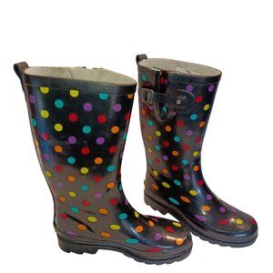 Western Chief Black Polka Dot Waterproof Tall Lug Rubber Rain Boot Womens Size 6
